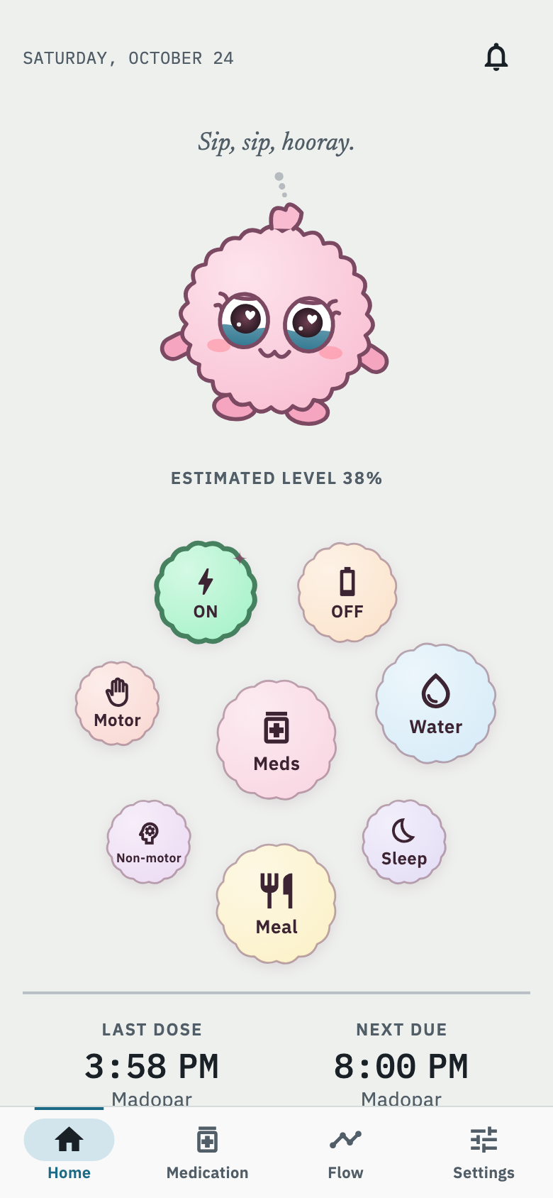 Home: Parkie with the estimated level, round buttons for meds, ON, OFF, water, meal, sleep and symptoms.